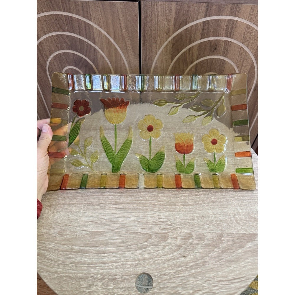 Fused Art Glass Floral Tulip Rectangular Tray – Elegant Hand-Painted (?)